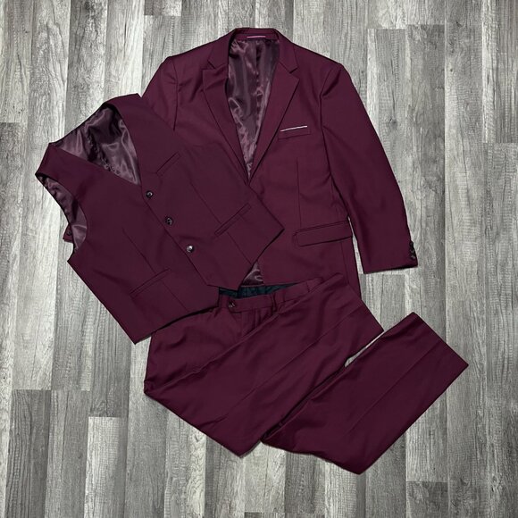 Kudoro Men’s Tuxedo Suit Wine Red M Slim Fit Blazer Vest Pants Formal - Picture 1 of 7